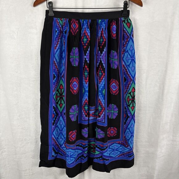 Vintage 90s Umi Collections By Anne Crimmins 100% Silk Aztec Print Skirt Sz 12 - Picture 1 of 5